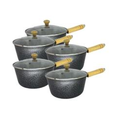 Jogo Panelas Alumínio Craqueado Cabo de Madeira Tampa Vidro - OkayShop