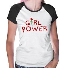 Baby Look Raglan Girl Power - Foca na Moda, Branco, Preto, GGG