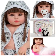 Boneca Reborn Valentina Cabelo Castanho Saída de Banho Panda - Cegonha