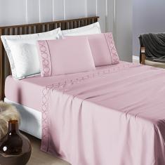Jogo de Lençol Bordado Titanium Queen 4 Peças Barato - Rosa