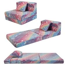 MeMoreCool Sofá-cama dobrável de unicórnio arco-íris brilhante para crianças, colchão futon dobrável, cadeira e sofá de chão para sala de jogos