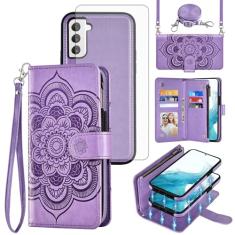 Asuwish Capa de celular para Samsung Galaxy S22 5G carteira com zíper destacável com protetor de tela de vidro temperado alça transversal flor compartimento para cartão S 22 22S 4G G5 15.5 cm mulheres