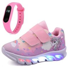 Tenis Infantil De Led Unicornio Calce Facil Meninas LIGHT + Relogio - 