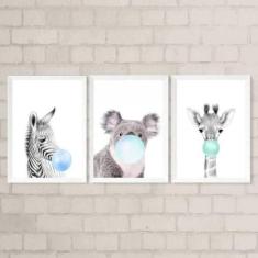 Kit 3 Quadros Bichinhos Chicletes Azul 45X34Cm - Quadros On-Line