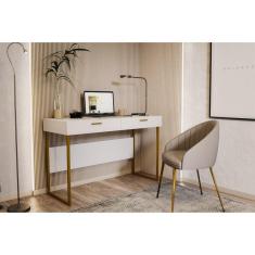 Escrivaninha 120cm 2 Gavetas Pés em Aço Olympia Elaborart Design Branco/Dourado
