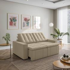 Sofá Cama Retrátil e Reclinável 3 Lugares 200cm em Veludo com Molas e Braço Reto Palmeira Cabecasa M Bege