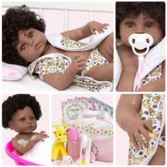 Boneca Reborn Realista Negra Girafa Roupão Enxoval Completo - Cegonha 