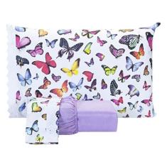 Jogo De Lençol Estampado Casal Queen 03 Peças Borboletas Lilás MICROPE