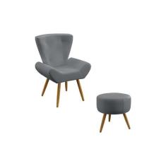 Kit Poltrona Decorativa Polaris e Puff Solar Suede Cinza Aradecor