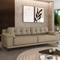 Sofá Living 4 lugares 292cm Agostino Pés Design em Ferro Couro Bege G52 - Gran Belo