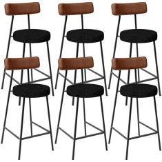 Kit 06 Banquetas Baixa Cozinha Sala De Jantar Milão L02 Couríssimo Marrom Linho Chumbo - Lyam Decor