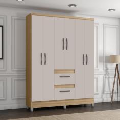 Guarda Roupa Solteiro com Pés 6 Portas 2 Gavetas Capri Poquema - Damasco/Off White