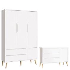 Cômoda Infantil com Porta e Guarda Roupa 3 Portas Theo Branco Acetinado Pés Madeira Natural – Reller