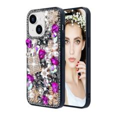 Losin Capa com glitter compatível com iPhone 14 Plus para mulheres e meninas, linda capa de luxo 3D com purpurina de cristal de diamante, strass brilhante, pedra preciosa brilhante e flor, amortecedor