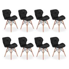 Kit 08 Cadeiras Charles Eames Eiffel Slim Wood Estofada - Preta - Maga