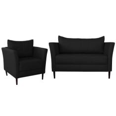 Conjunto Sofá 2 Lugares com Poltrona Pés Palito Lubbock Couro Preto G5