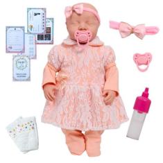 Boneca Bebê Reborn Recém Nascida Vestido Salmão 11 Itens - Cegonha Reb