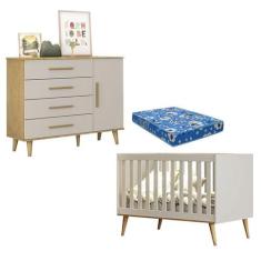 Berço Americano e Cômoda Infantil Ludmila Off White Bétula com Colchão