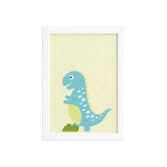 Quadro Infantil Dinossauro Baby Turquesa 22x32 Moldura Branca - Quarti
