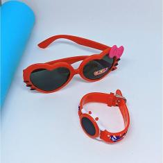 Kit Relógio Infantil Digital Led Redondo Pulseira Silicone Desenho animado 3D + Óculos de Sol Coração Hello Kitty Laço