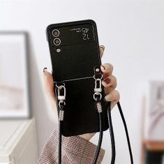 Estojo com alça tiracolo de couro PU para Samsung Galaxy Z Flip 4 5G ZFlip3 Zflip4 Capa de telefone comercial à prova de choque, preta, para Z Flip 4
