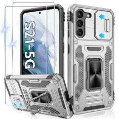 Gritup Capa para Galaxy-S21 com capa deslizante para câmera + [2 protetores de tela HD], suporte de anel giratório de metal 360°, capa protetora à prova de choque de grau militar para Samsung Galaxy