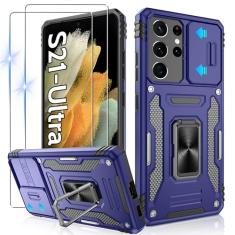 Gritup Capa ultrafina para Galaxy-S21 com capa deslizante para câmera + [2 protetores de tela HD], suporte giratório de metal 360°, capa protetora à prova de choque de grau militar para Samsung S21