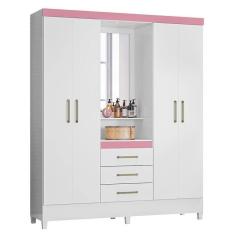 Guarda Roupa Capelinha Pérsia 4 Portas  Branco Rosa Com Espelho - Demóbile Branco Rosa