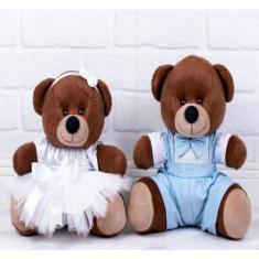 CONJUNTO DE PELUCIA URSO PAJEM AZUL CLARO DAMINHA BRANCA PADRÃO- 26cm 