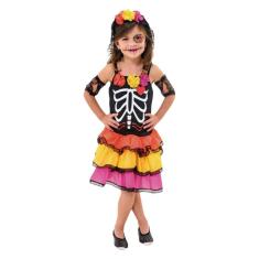 Fantasia Halloween Infantil Caveira Mexicana Com Véu Tamanho M