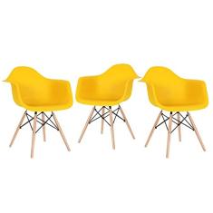 Loft7, Kit 3x Cadeiras Eames Daw Madeira Clara, Com Apoios de Braço, Escritório, Sala de Estar e Sala de Jantar, Polipropileno Madeira e Aço - Amarelo