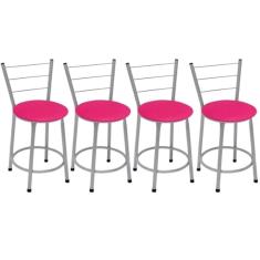 Kit 4 Banquetas Baixas Prata com Encosto Assento Rosa