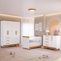 Quarto Bebê Retrô Completo com Guarda Roupa 4 Portas Berço Mini Cama Cômoda 4 Gavetas Móveis Peroba