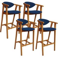 Kit 04 Banquetas Alta Cozinha Bancada Bar Sala De Jantar Fixa Cecília L02 Suede Azul Marinho - Lyam