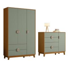 Kit Guarda Roupa Ipê com Comoda Ipê com Pés Madeira Maciça