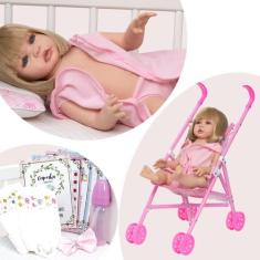 Boneca Reborn Loira Com Carrinho Kit 13 Acessórios Enxoval - Cegonha R