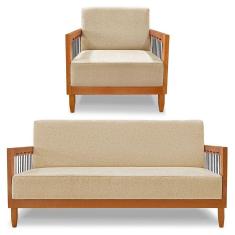 Kit Poltrona E Sofá Living 2 Lugares Marilia 1,60m Linho Base Em Madeira Castanho - Pallazio Cor Dourado