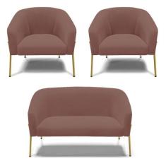 Sofá Namoradeira E 2 Poltronas Pé De Ferro Dourado Stella Veludo D03 -