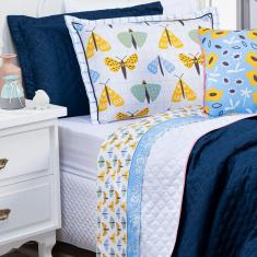 Jogo De Cama Borboletas Branco/Azul Casal Padrão 04 Peças