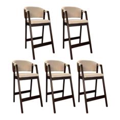 Kit 5 Banquetas Alta com Encosto Ravena Madeira Maciça Maciça Capuccino Linho Bege Marrom CCS