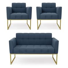 Kit 1 Sofá Namoradeira e 2 Poltronas Elisa Suede Azul Marinho Base Metálica Industrial Dourado D03 - D'Rossi