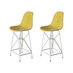 Kit 2 Banquetas Bistrô Alta Eames Amarela Base Ferro Branco - Cor: Ama