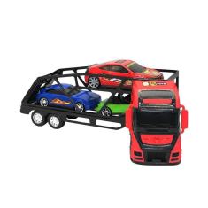 Caminhão Cegonha Grande Com 03 Carrinhos Cabine Vermelha