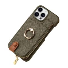 Carteira de couro com zíper e porta-cartão capa de telefone para iPhone 13 12 Mini 15 14 11 Pro Max XS XR X 7 8 Plus Capa com suporte de anel, verde militar, para iPhone 14 Plus