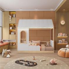 Cama Montessoriana Reversível Casinha com Telhado, Led, Janela e Grade Frontal New Garden Casatema