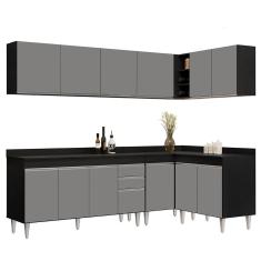 Armário De Cozinha Modulado De Canto 6 Peças Cp32 Balcão Com Tampo Preto-cinza - Lumil