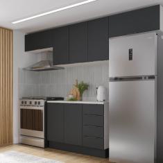 Cozinha Modulada 4 Peças Com Tampo E Rodapé 3 Aéreos E 1 Balcão Ipanema Cabecasa Madeiramadeira Grafite Trama