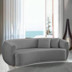 Sofá Decorativo Sala De Estar Curvo Esther 3 Lugares 210cm Com Almofadas Linho Cinza