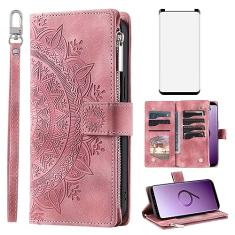 Asuwish Capa de telefone para Samsung Galaxy S9 capa carteira com protetor de tela de vidro temperado e alça de pulso Mandala flor couro flip zíper suporte para cartão celular S 9 Edge 9S GS9 mulheres