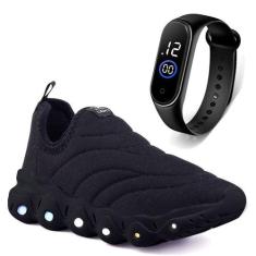 Tenis Infantil De Led Calce Facil Elastico Meninos Masculino + Relogio